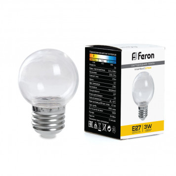 Лампочка Feron E27 шар 3w 2700K прозрачная LB-371 для гирлянды